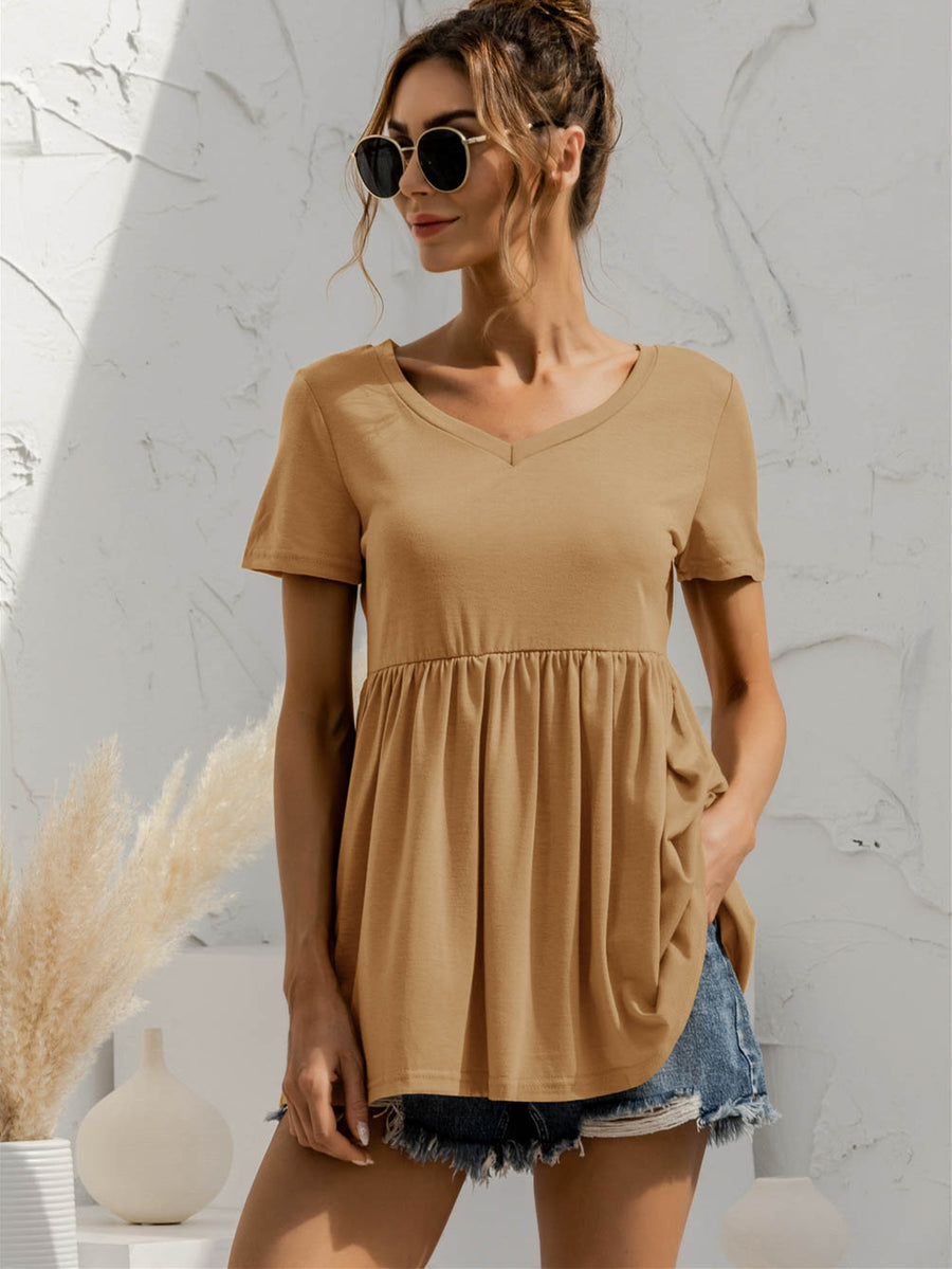 Khaki gathered waistline v-neck tee with short sleeves and a babydoll cut