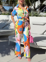 orange two-piece set with abstract and collared
