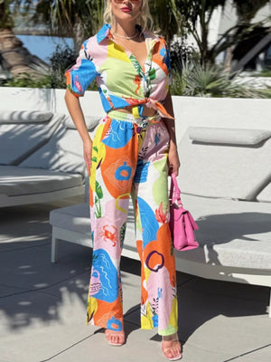 orange two-piece set with abstract and collared