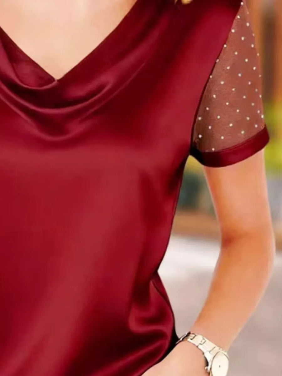 Burgundy satin cowl neck blouse with sheer dotted sleeves