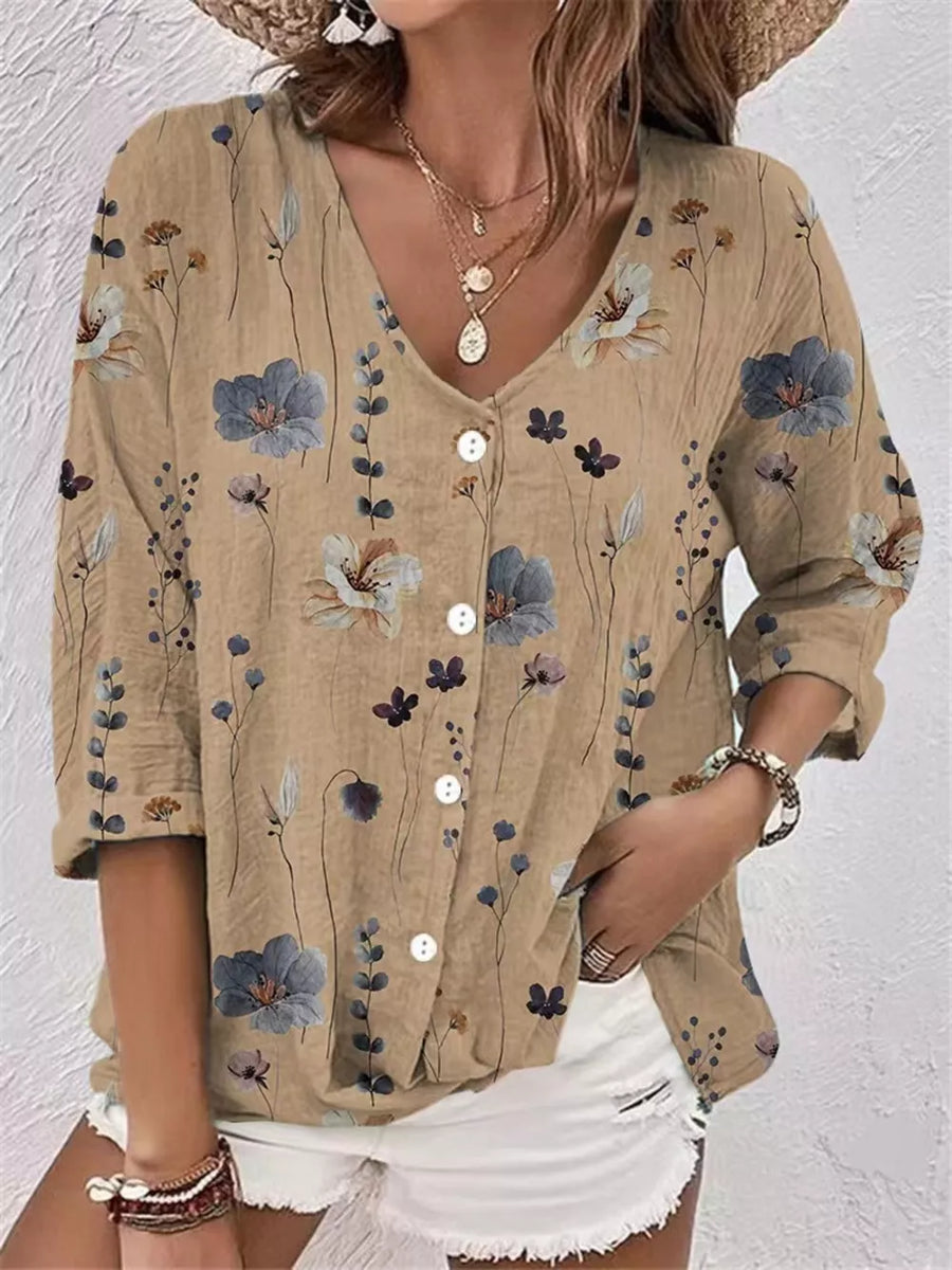 tan button-down shirt with floral and v-neck