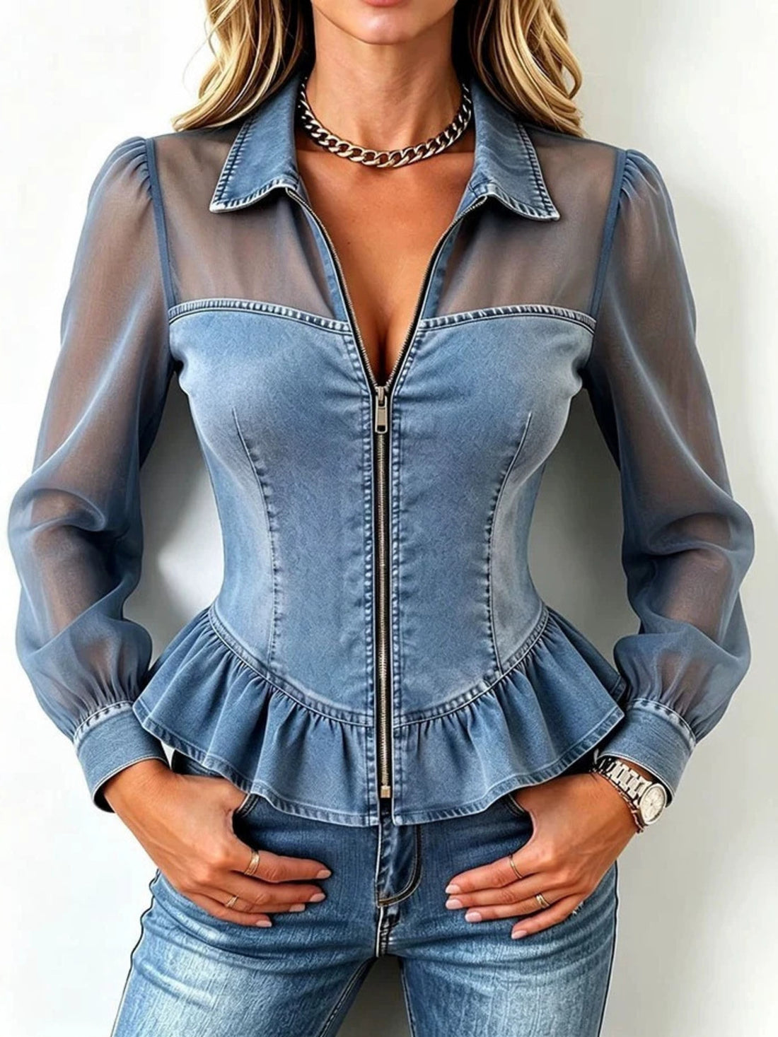 peplum top in light blue featuring mesh and fitted fit