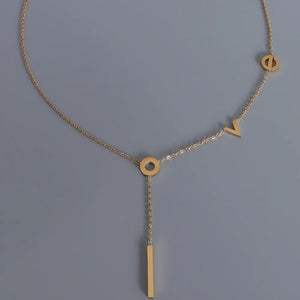 Gold necklace with LOVE letters and a bar pendant, 18K plated.