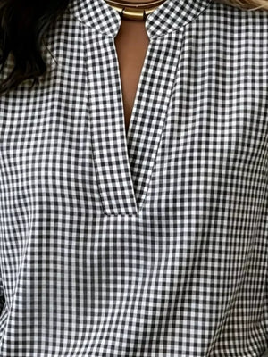 Full Size Plaid Notched Long Sleeve Blouse in Grey