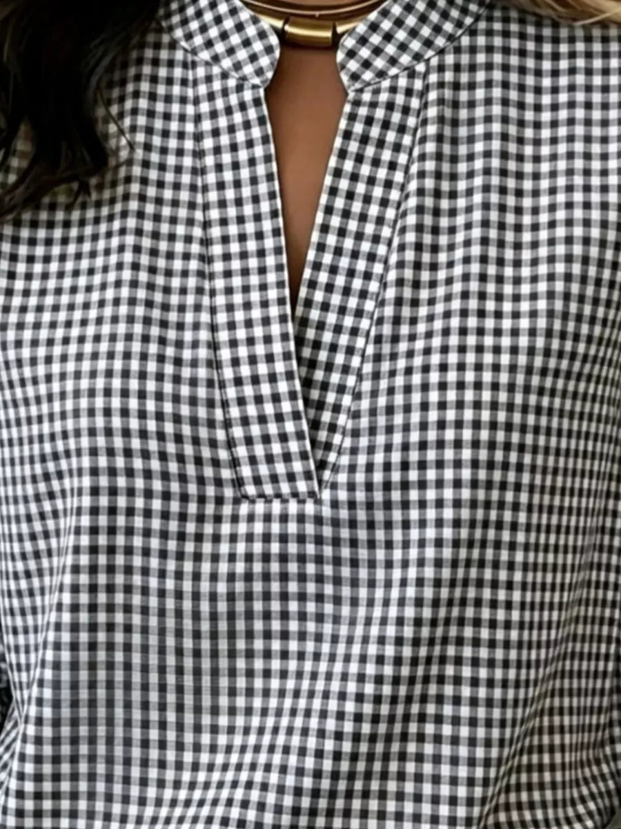 Full Size Plaid Notched Long Sleeve Blouse in Grey