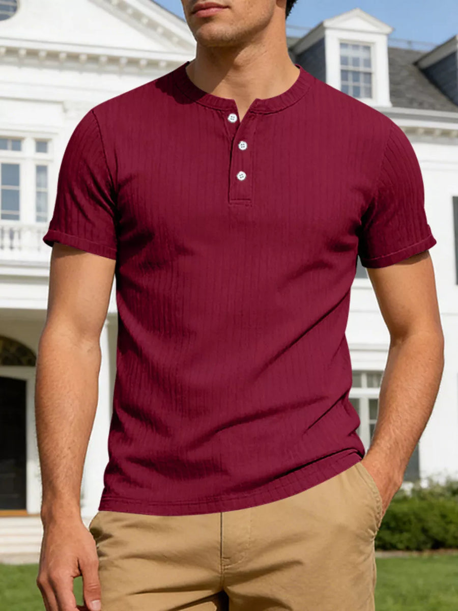 Burgundy ribbed short sleeve henley shirt with button placket.