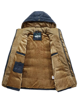 Plus-size dark blue hooded winter parka with plush brown lining and interior pockets.