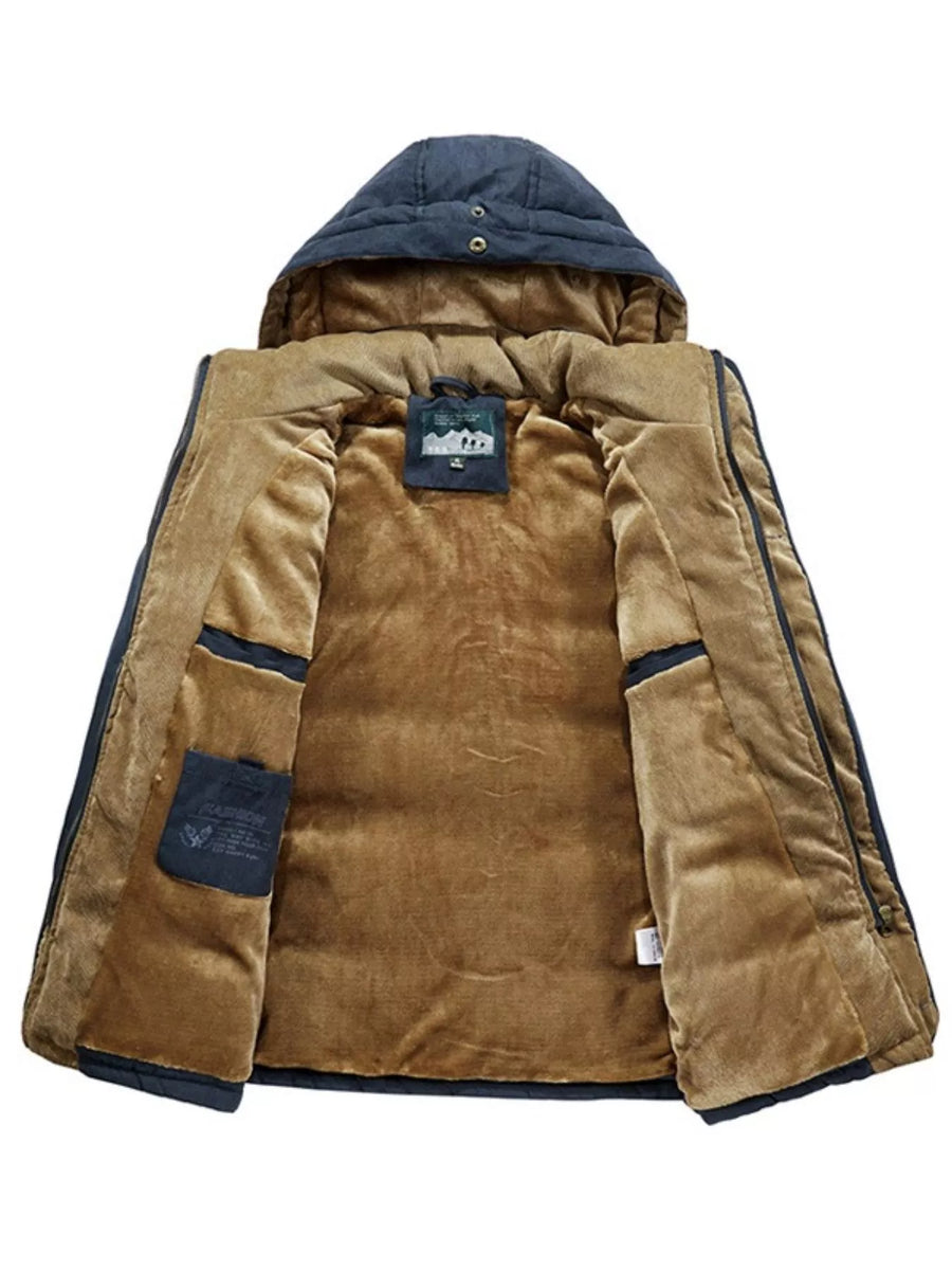 Plus-size dark blue hooded winter parka with plush brown lining and interior pockets.