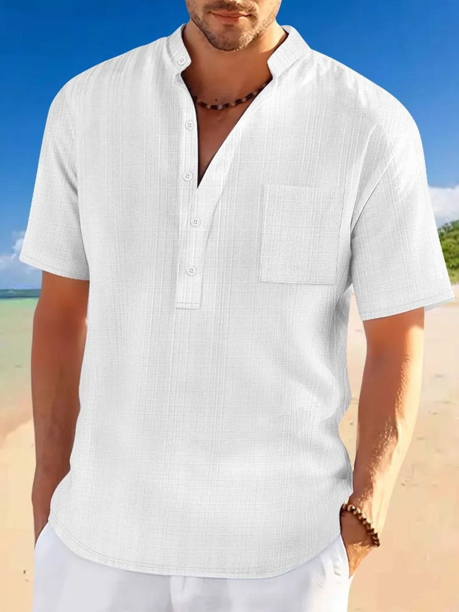 White textured linen Henley shirt with mandarin collar and chest pocket.