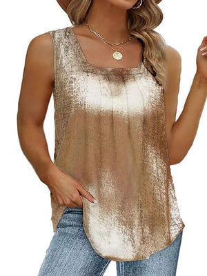 Gold square neck tank top with subtle pleats and a tie-dye effect.