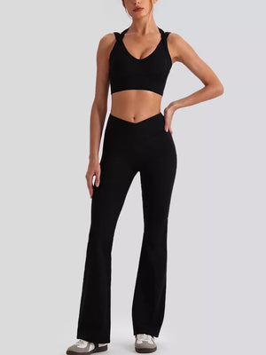 Seamless Criss-cross V-neck Tank And Leggings Set in light beige with Zipper