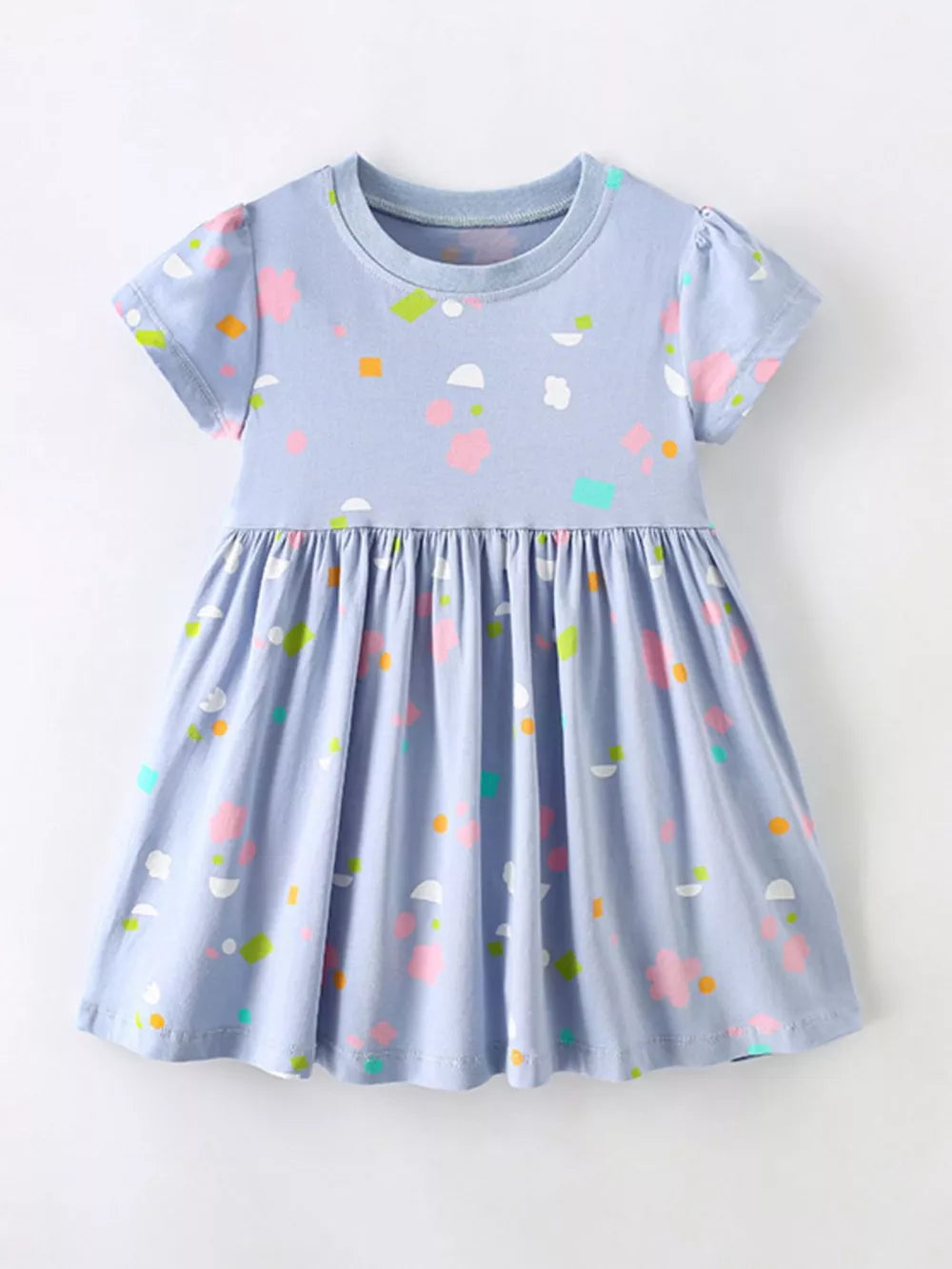 Baby girls light blue cotton blend dress with playful abstract print and gathered skirt.