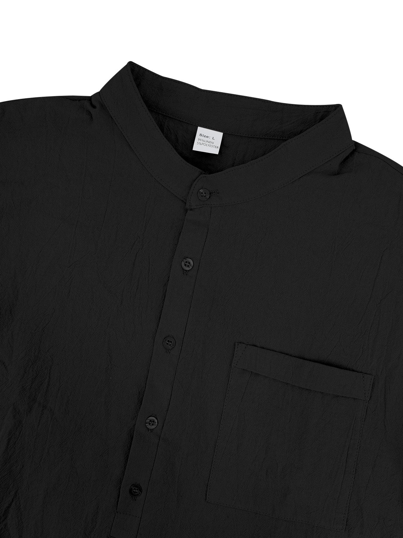 Black cotton band-collar button-down shirt with chest pocket
