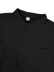 Black cotton band-collar button-down shirt with chest pocket