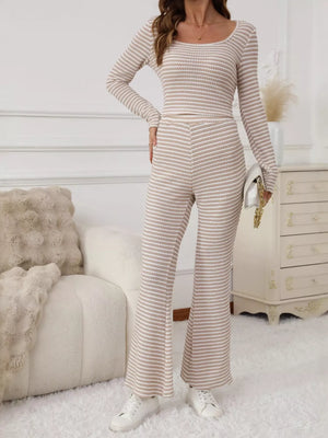 Striped knit top and flare pants set in apricot, featuring a scoop neck and long sleeves.