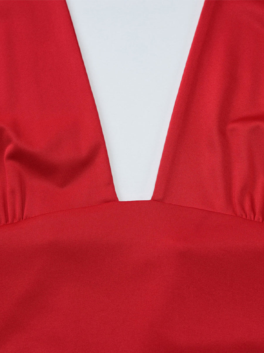 Red halter neck tie cami top with deep v-neck detail