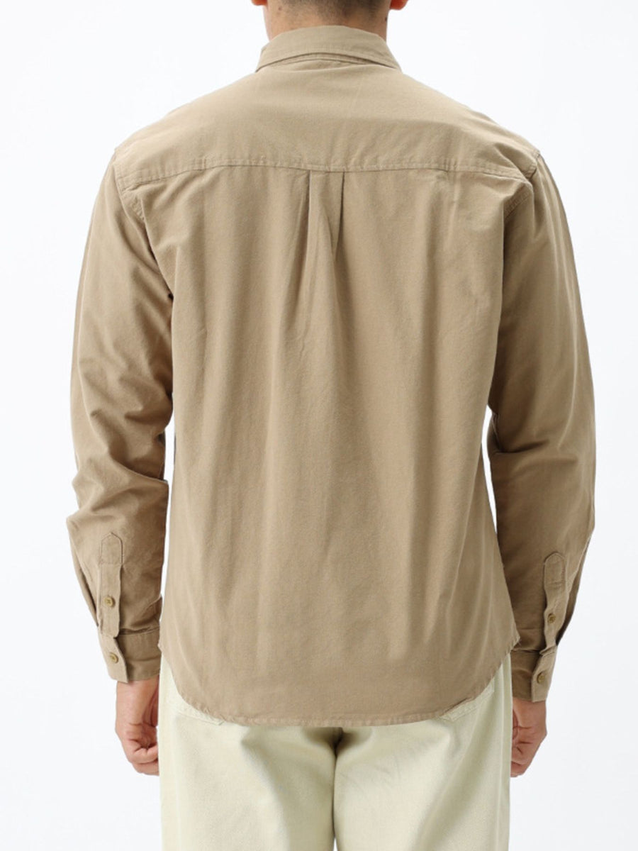 Khaki button-up shirt with chest pocket and long sleeve