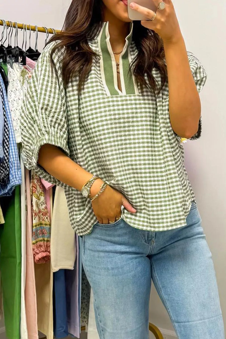 Sage gingham maternity overshirt with half sleeves and a striped collar detail.