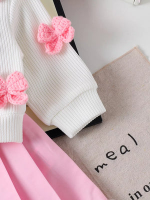 Pink with Children's Bow Button Up Cardigan And Pleated Skirt Set in Pink