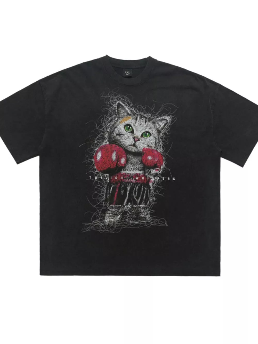 Black oversized cotton blend t-shirt with a vintage-inspired boxer cat graphic print.
