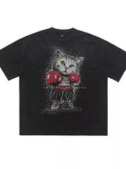 Black oversized cotton blend t-shirt with a vintage-inspired boxer cat graphic print.