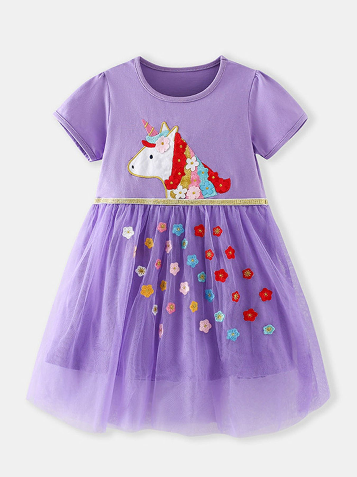 Purple toddler dress with unicorn appliqué and floral tulle skirt.