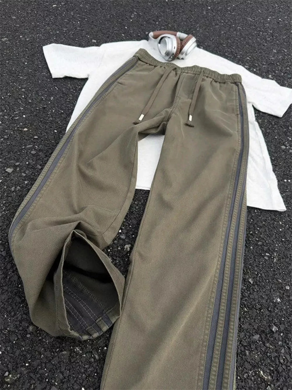 Grey Men's Plus Size Casual Striped Wide-leg Pants