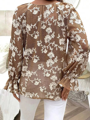 Coffee brown sheer long-sleeve blouse with white floral embroidery and ruffled cuffs.