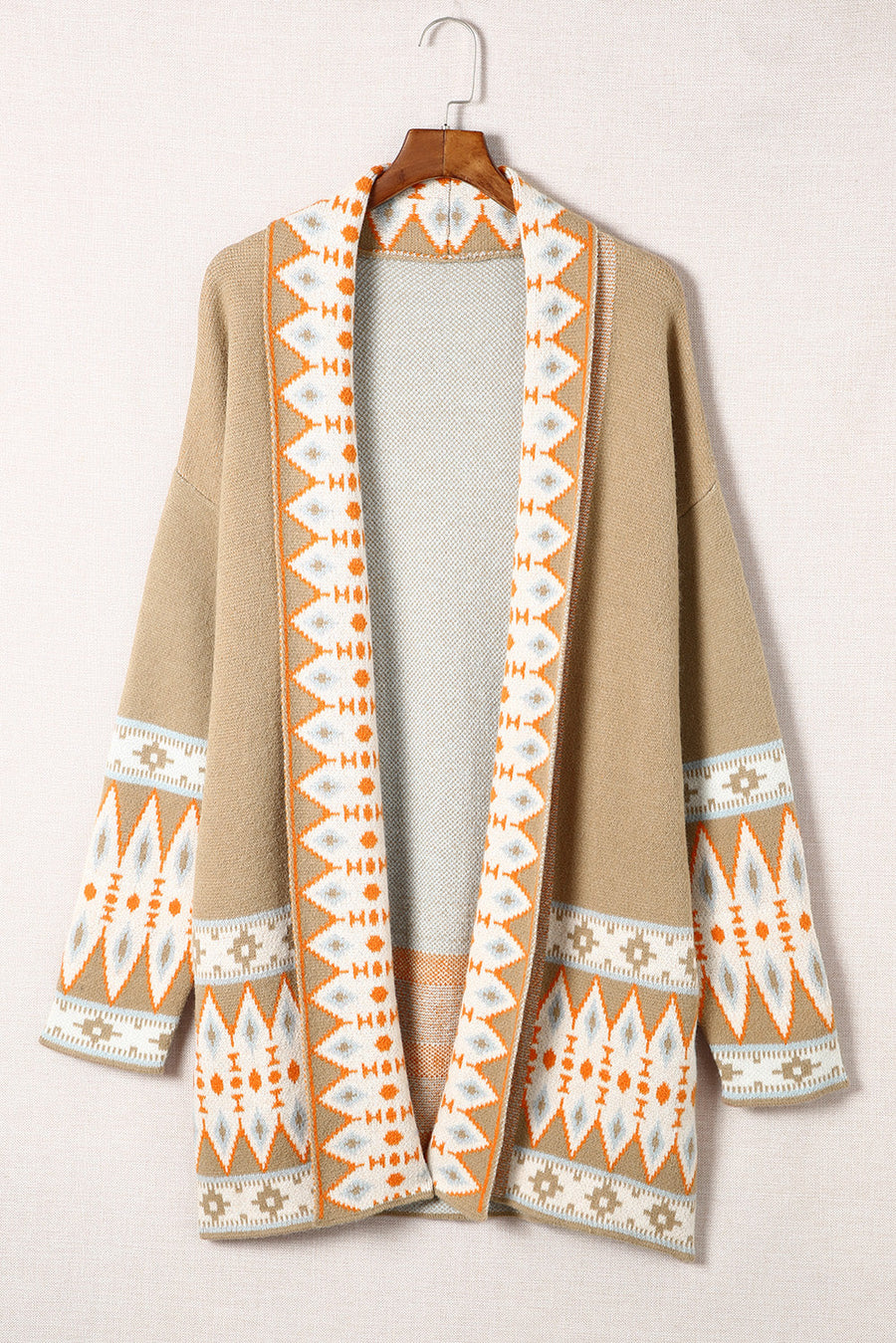 Khaki open-front knit cardigan with geometric trim and long sleeves.