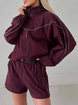 Drawstring Zip-up Jacket And Shorts Set in Dark Blue with contrast stitching
