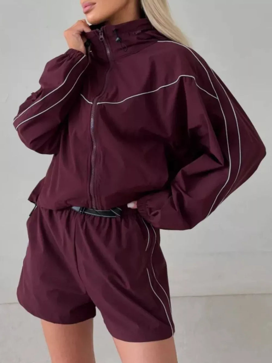 Drawstring Zip-up Jacket And Shorts Set in Dark Blue with contrast stitching