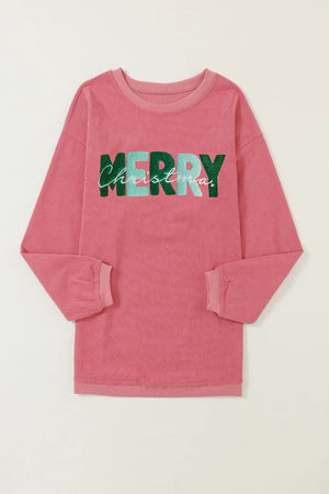 Textured corduroy sweatshirt in burnt coral with "Merry Christmas" graphic.
