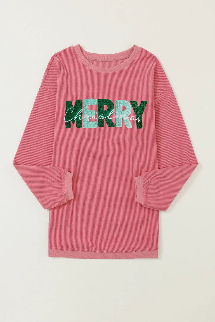 Textured corduroy sweatshirt in burnt coral with "Merry Christmas" graphic.