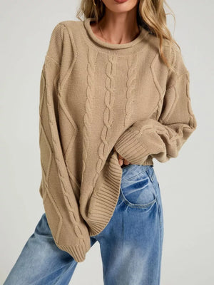 Beige pullover sweater with pullover and cable knit