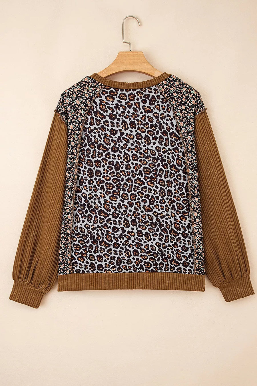 Leopard Floral Print Ribbed Puff Sleeve Sweatshirt option 6