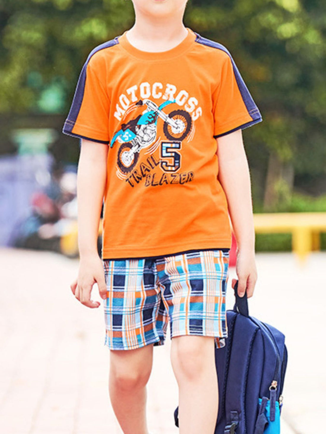 Toddler blue graphic tee and plaid shorts set
