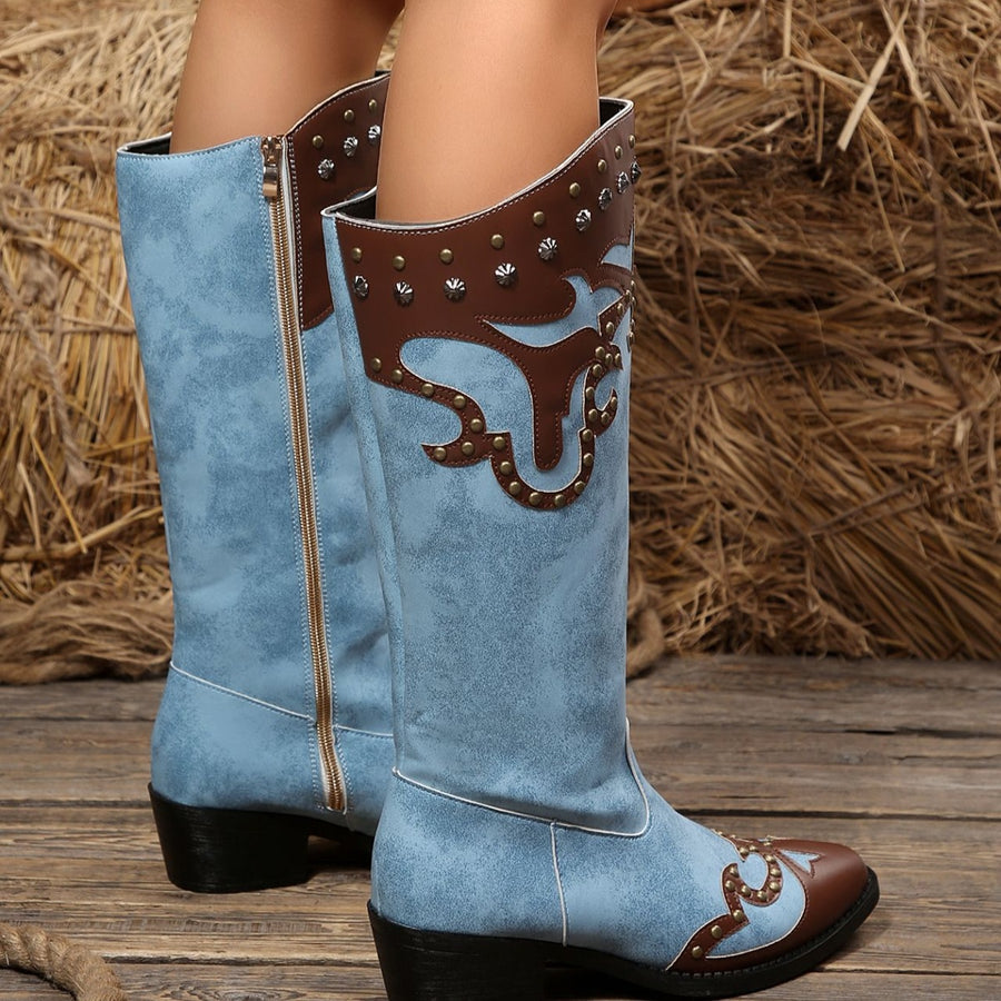Western-Style Studded Two-Tone Mid-Calf Cowboy Boots in Black with studded