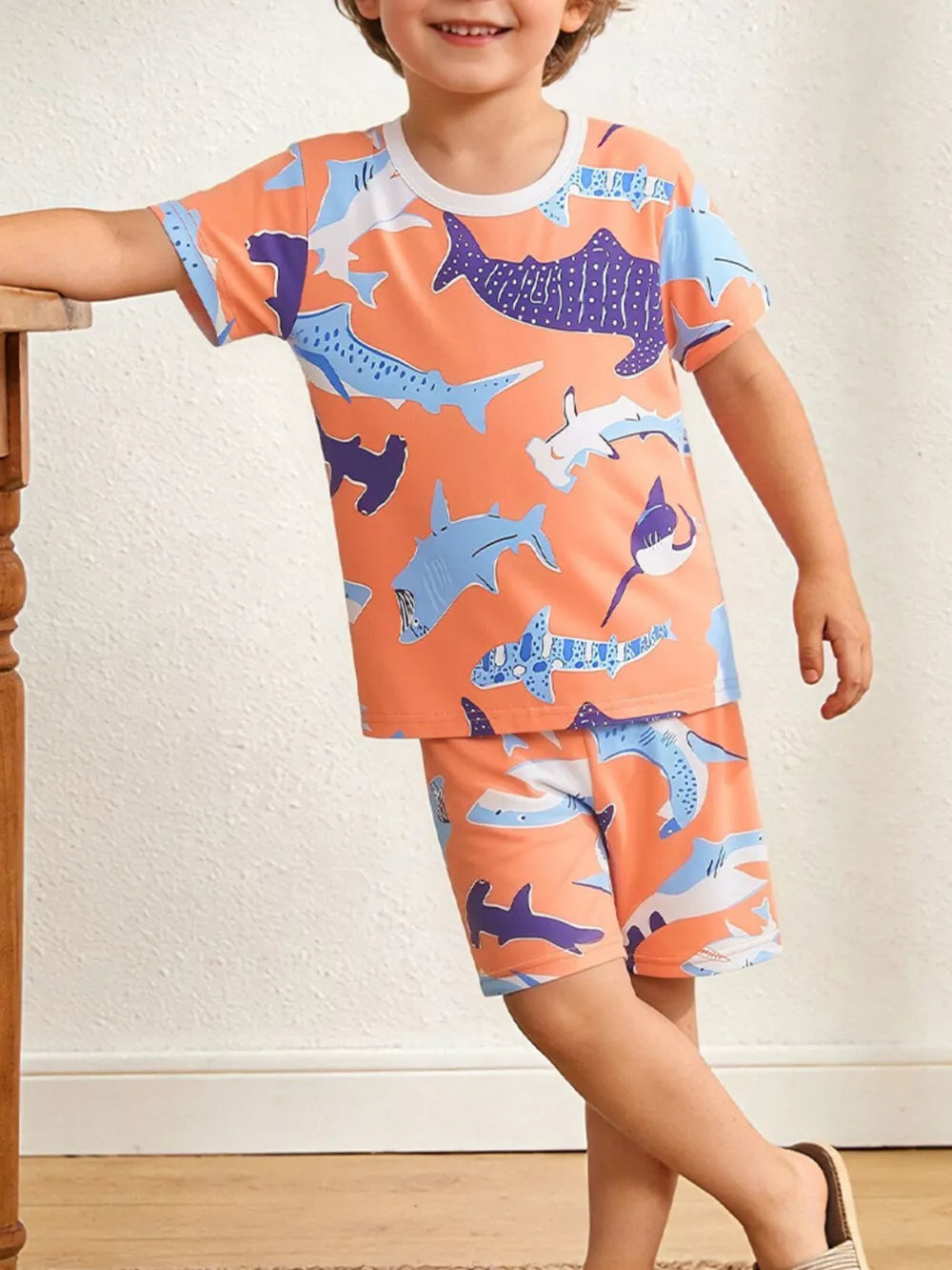 Boys' orange shark print t-shirt and shorts set with white trim