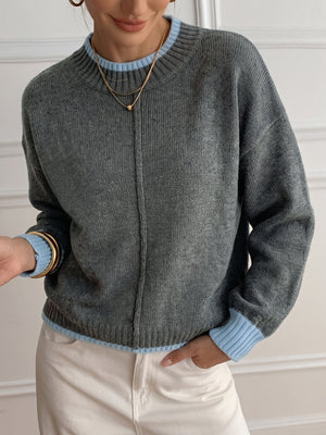 crewneck sweater in charcoal featuring contrast trim and relaxed fit