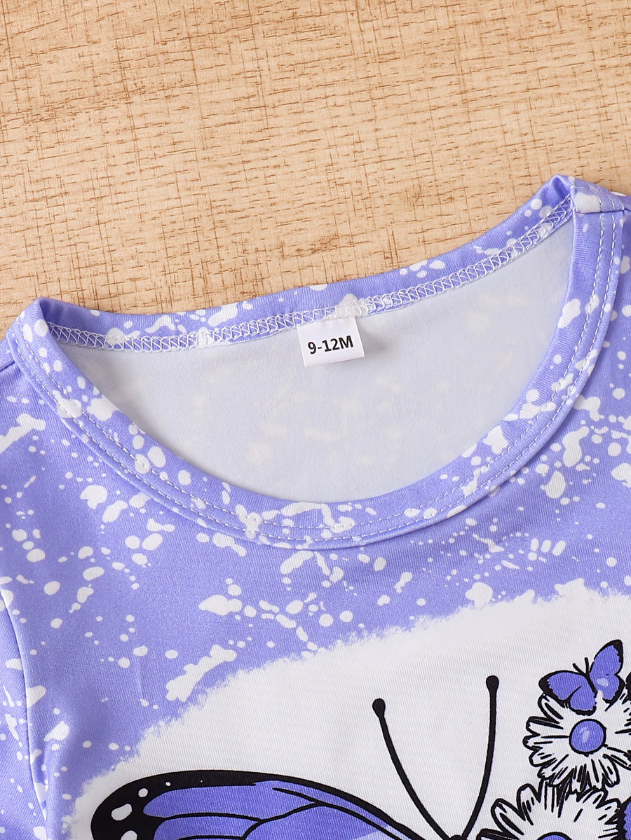 Children's purple butterfly tie-dye t-shirt with white splatters and a size tag.