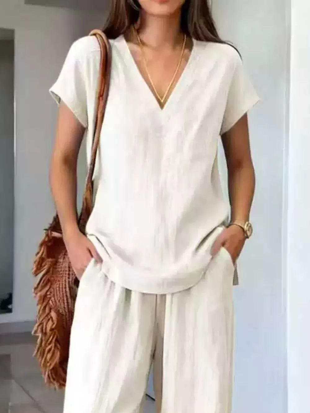 Full Size V-neck Short Sleeve Top And Pants Set in Dark Brown
