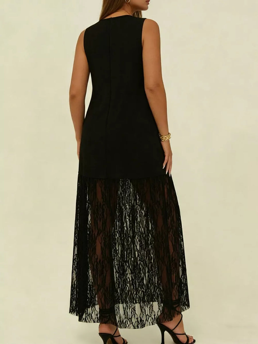 Black plus size maxi dress with sleeveless bodice and sheer lace skirt.