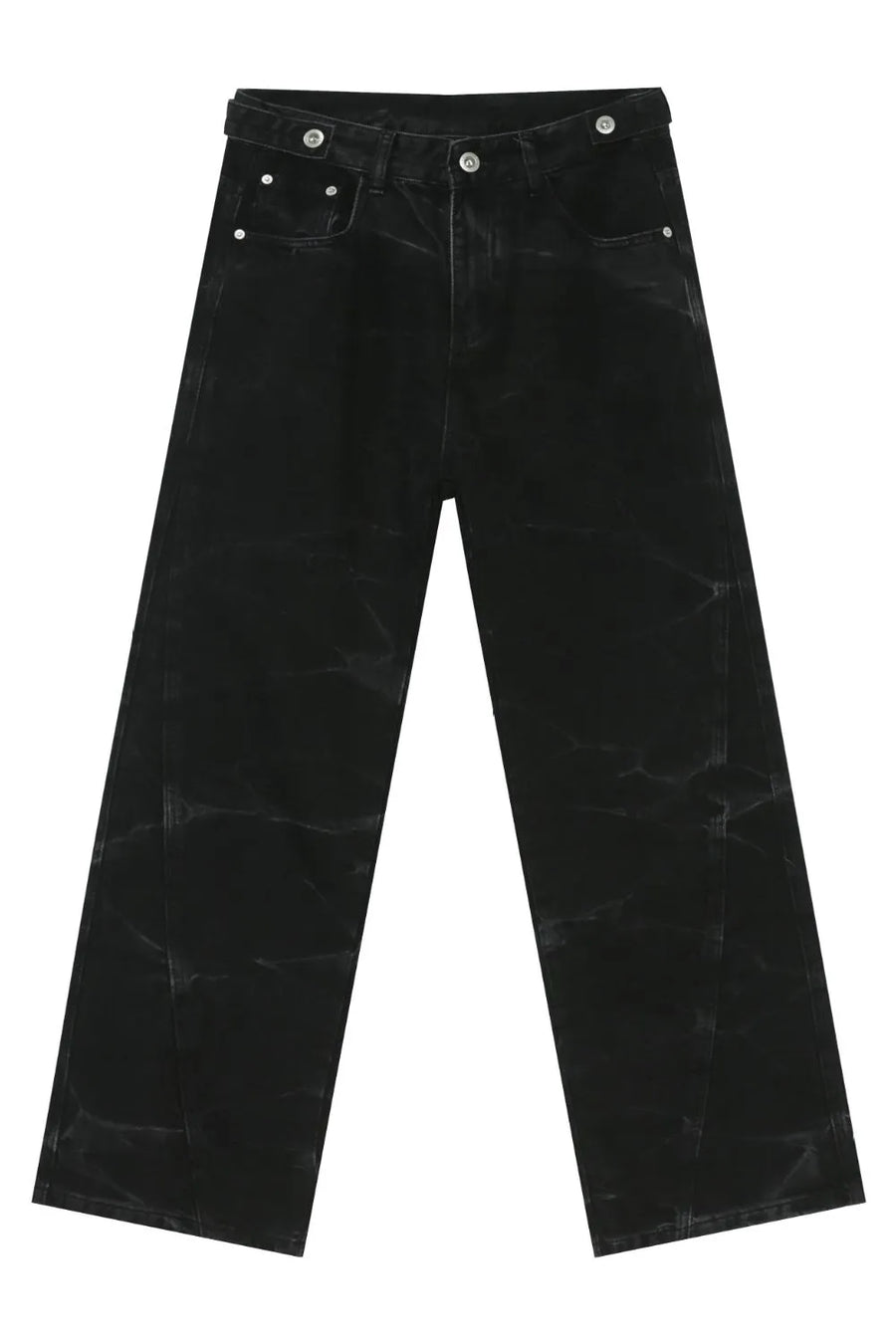 Faded black wide-leg denim jeans with a washed effect and relaxed fit.