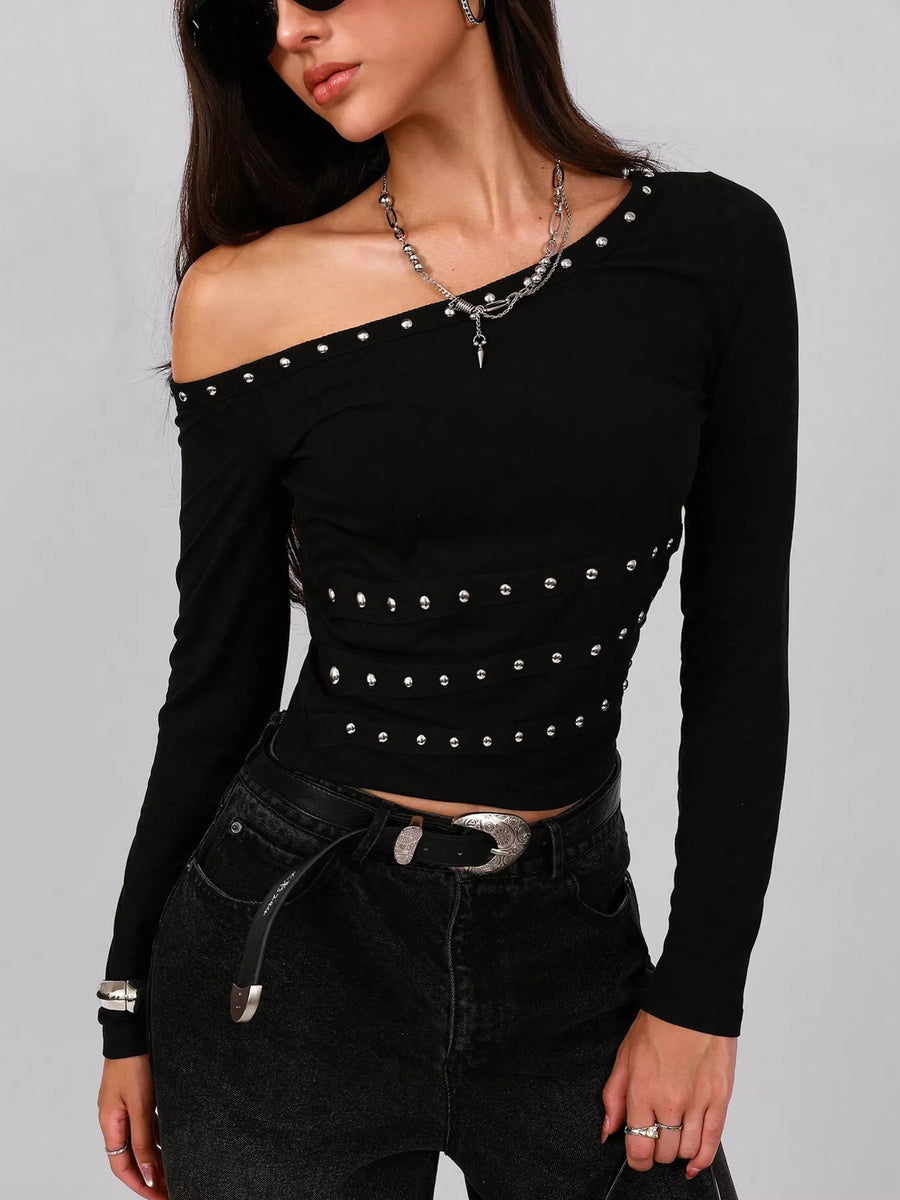 Black one shoulder t-shirt with studded details and long sleeves.