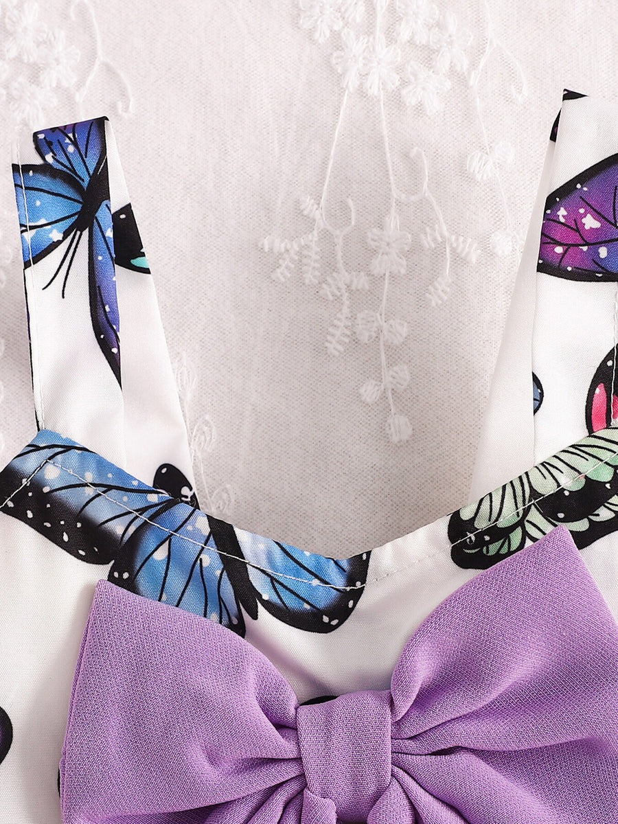 Baby set with white cotton butterfly print and lavender bow detail