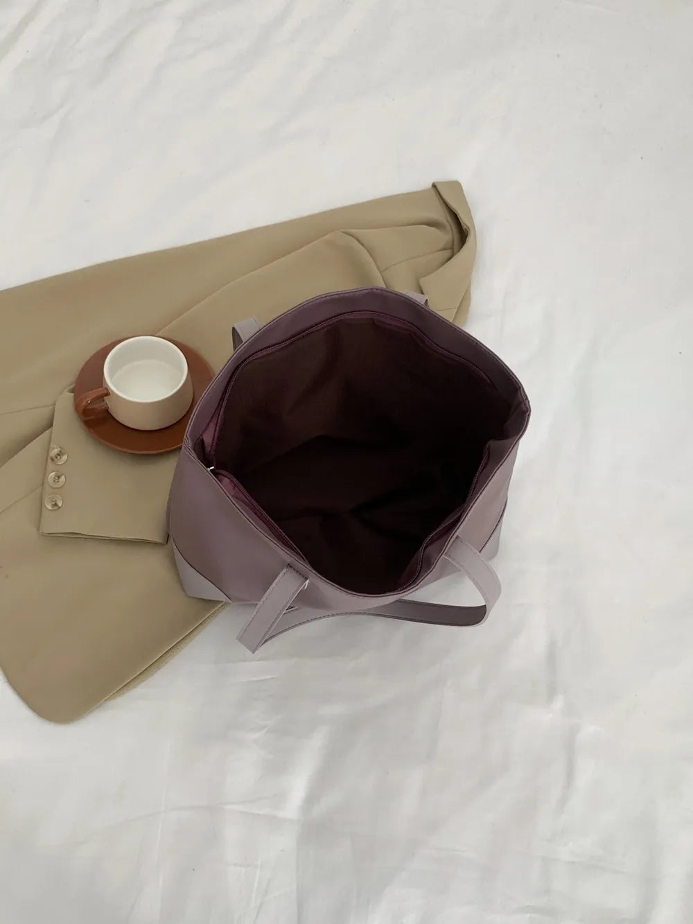 Mauve two-tone panel tote shopper bag with open top and interior.