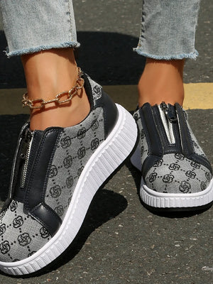 Logo print zip-up platform sneakers in gray with black trim and white soles.