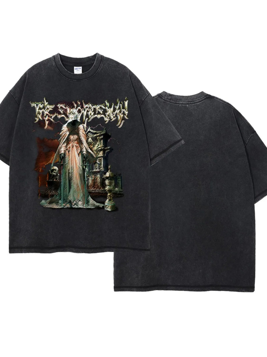 Vintage wash black graphic tee with a hooded figure and gothic text print.