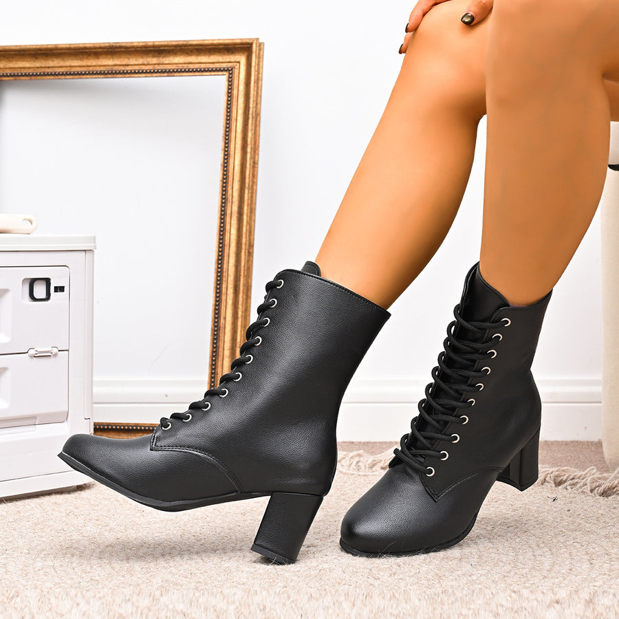 Lace-Up Round Toe Block Heels Boots in red with round toe