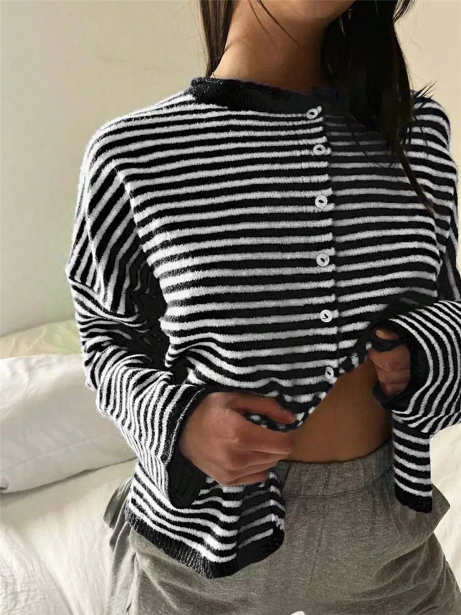 Striped Knit Button Up Cardigan in Khaki, view 14